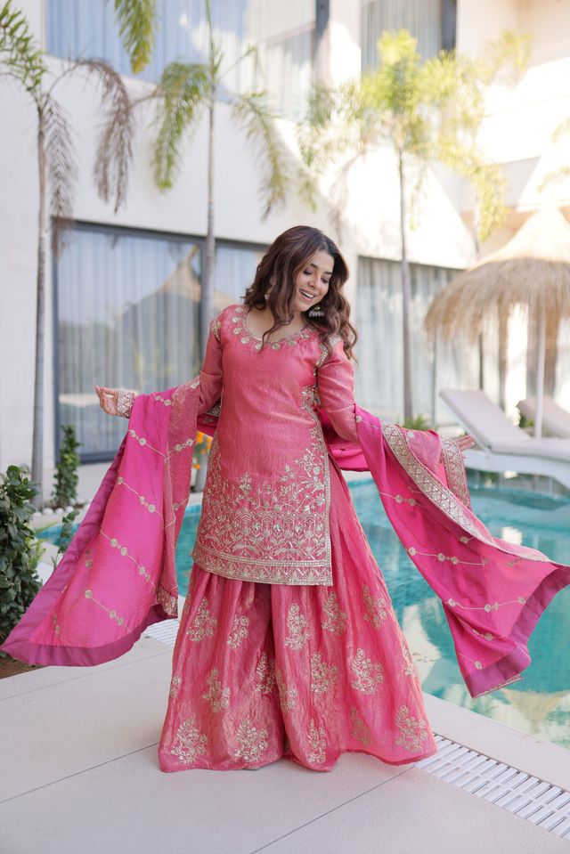 Pink Color Fendy Crush Fabric Classy Sequins Embroidered Partywear Readymade Suit With Dupatta