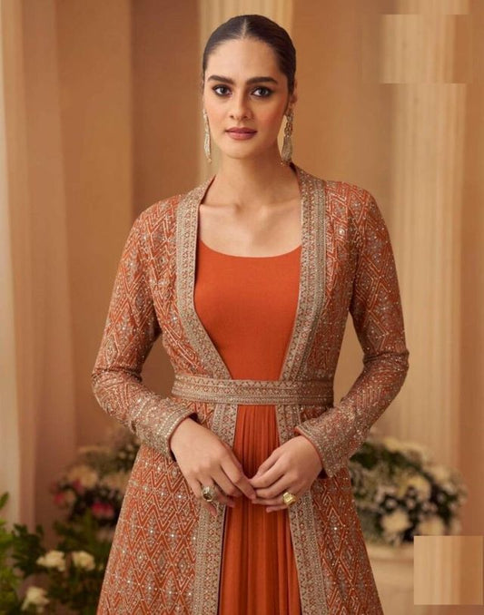 Heavy Silks Orange Long Top With Silk Shrug Free Size Upto 42