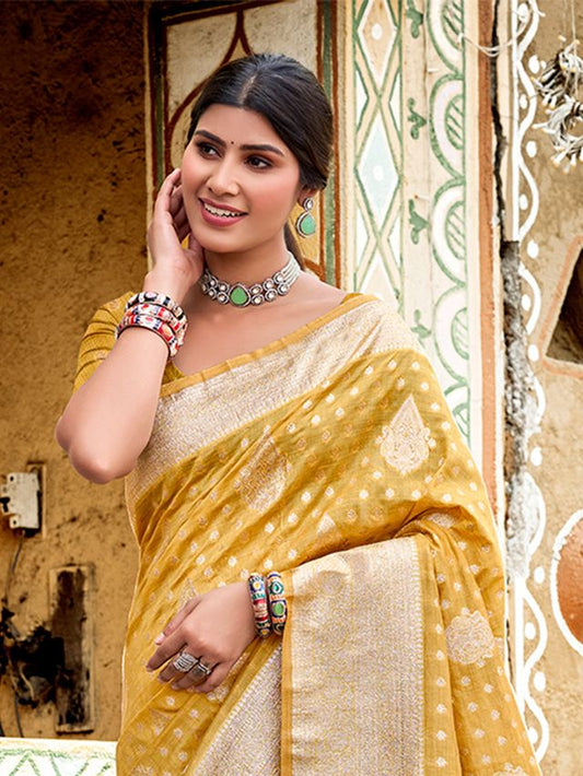 Mustard Color Assam Silk Fabric Woven Designer Saree For Party Looks