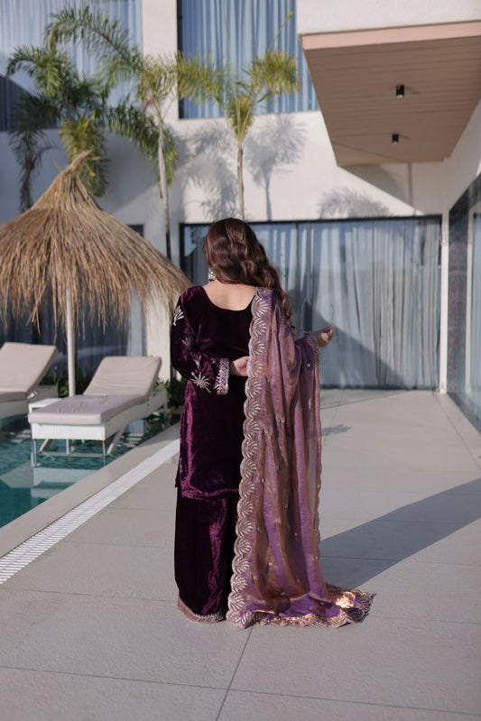 Wine Color Ice Velvet Fabric Ethnic Heavy Embroidered Ceremonial Suit With Dupatta