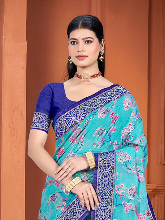 Blue Color Cotton Silk Fabric Woven Meenakari Designer Ethnic Saree