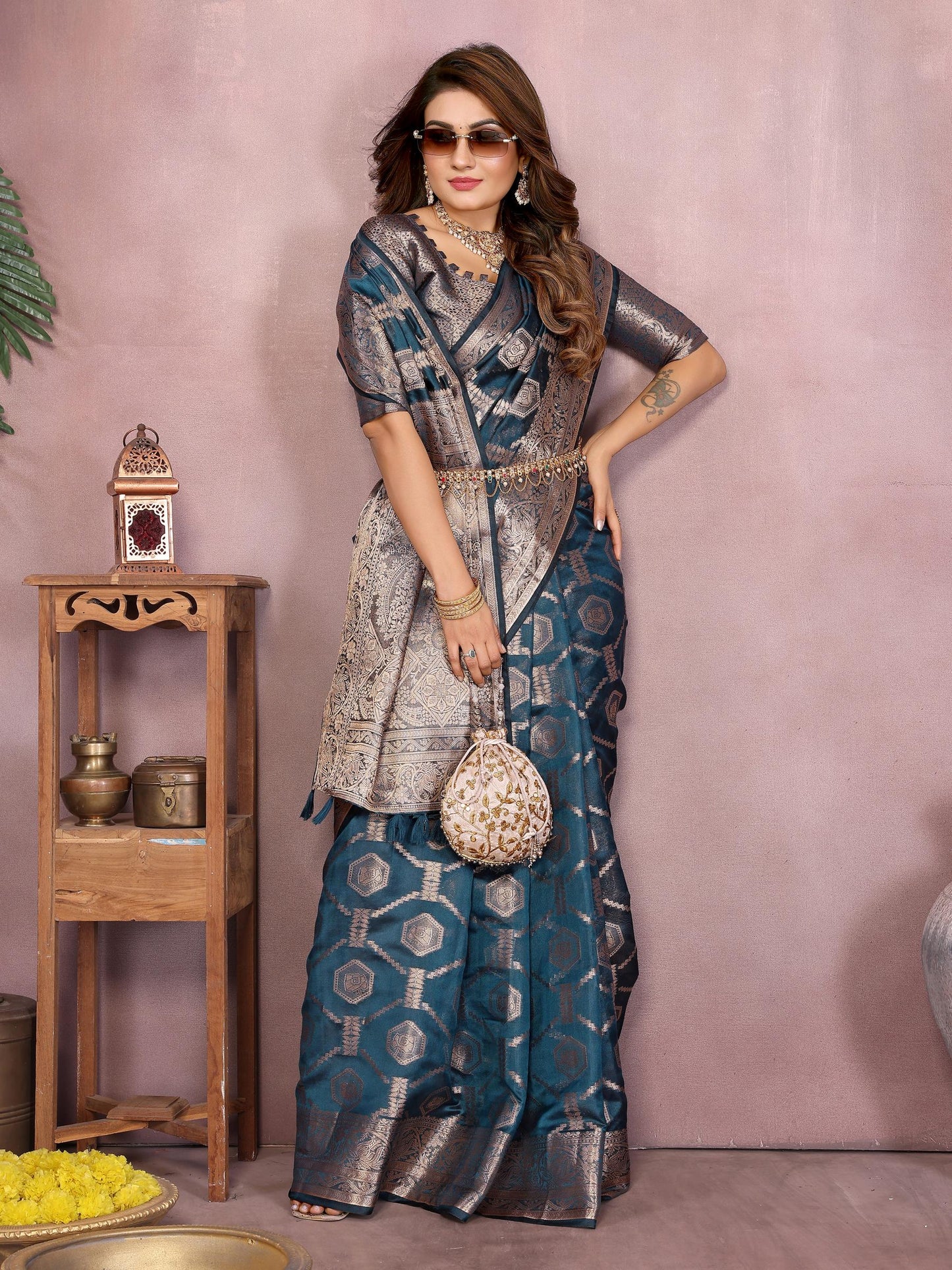 Navy Soft Organza Banarasi Silk Saree With Zari Weaving Work