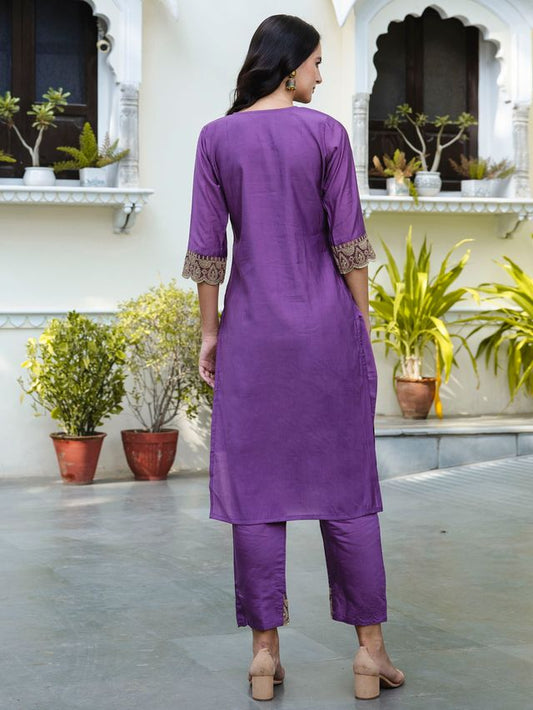 Purple Color Designer Embroidered Silk Blend Ethnic Festive Special Suit