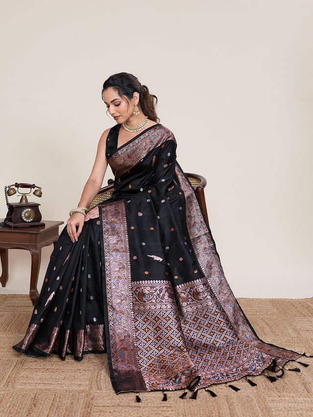 Black Color Designer Woven Work Graceful Partywear Saree