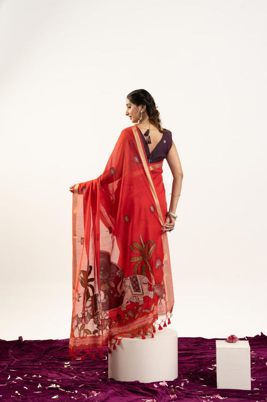 Red Color Muga Cotton Fabric Rajwadi Weaving Designer Ethnic Classic Saree