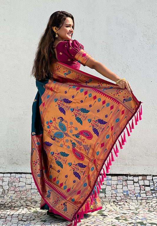 Teal Color Soft Silk Fabric Woven Meenakari Designer Ethnic Partywear Saree