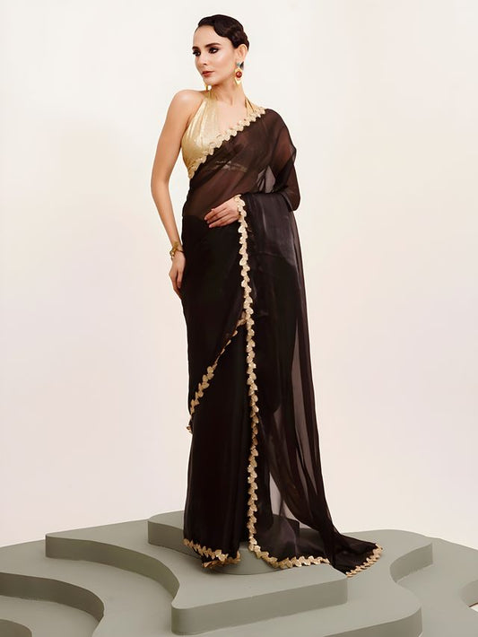 Black Color Jimmy Choo Fabric Saree With Sequance Codding Lace Border Ethnic Girlie Saree