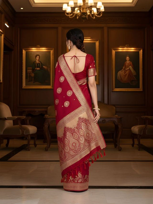 Red Color Ethnic Crepe Silk Fabric Woven Jacquard Designer Ceremonial Saree