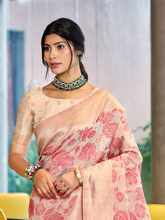 Pastel Pink Color Cotton Silk Fabric Woven Designer Ceremonial Saree