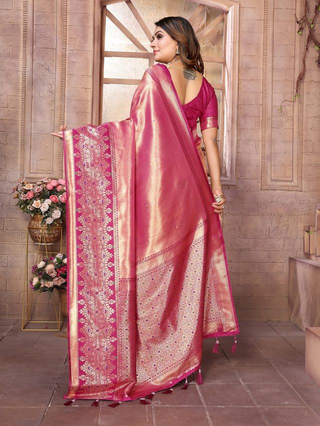 Pink Color Banarasi Tissue Silk Ethnic Jacquard Weving Designer Ceremonial Saree