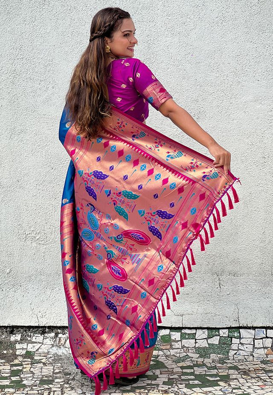 Firozi Color Soft Silk Fabric Woven Meenakari Designer Ethnic Partywear Saree