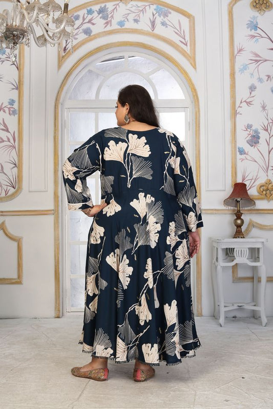 Blue Color Rayon Fabric Designer Printed Plus Size Kurta For Girls