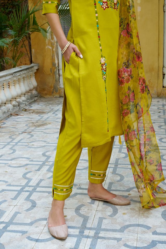 Lemon Color Viscose Rayon Fabric Smart Embroidered Girlie Trendy Salwar Suit