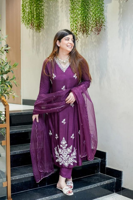 Wine Color Beautiful Readymade Dress On Muslin Fabric For Graceful Girlie Looks