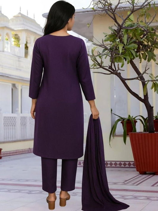 Wine Color Ethnic Cotton Silk Fabric Readymade Kurta Set With Dupatta