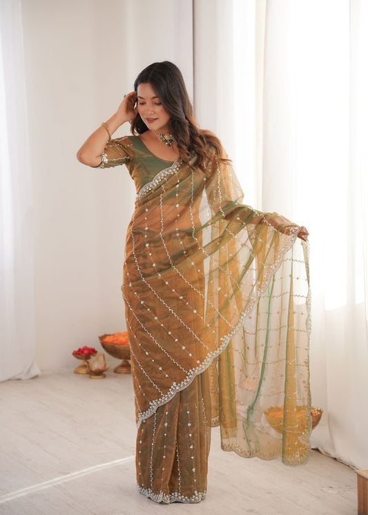 Gold Color Twill Net Fabric Ethnic And Girlie Ceremonial Saree For Girls