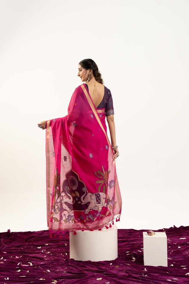 Pink Color Muga Cotton Fabric Rajwadi Weaving Designer Ethnic Classic Saree