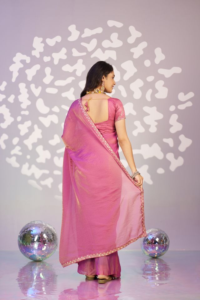 Pink Color Ethnic Embroidered Moss Chiffon Fabric Girlie Partywear Saree