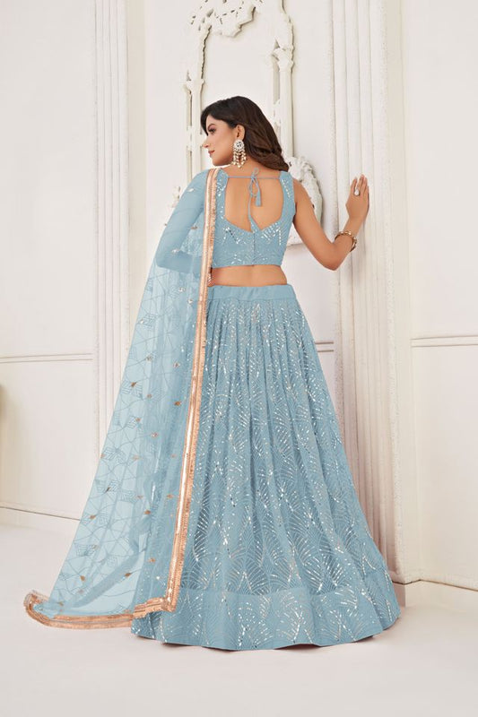 Sky Blue Color Butterfly Net Fabric Designer Sequins Embroidered Ceremonial Lehenga Choli