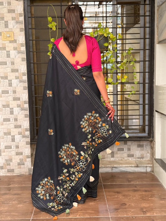 Black Kashmiri Style Thread Embroidered Work Saree With Unstitched Blouse