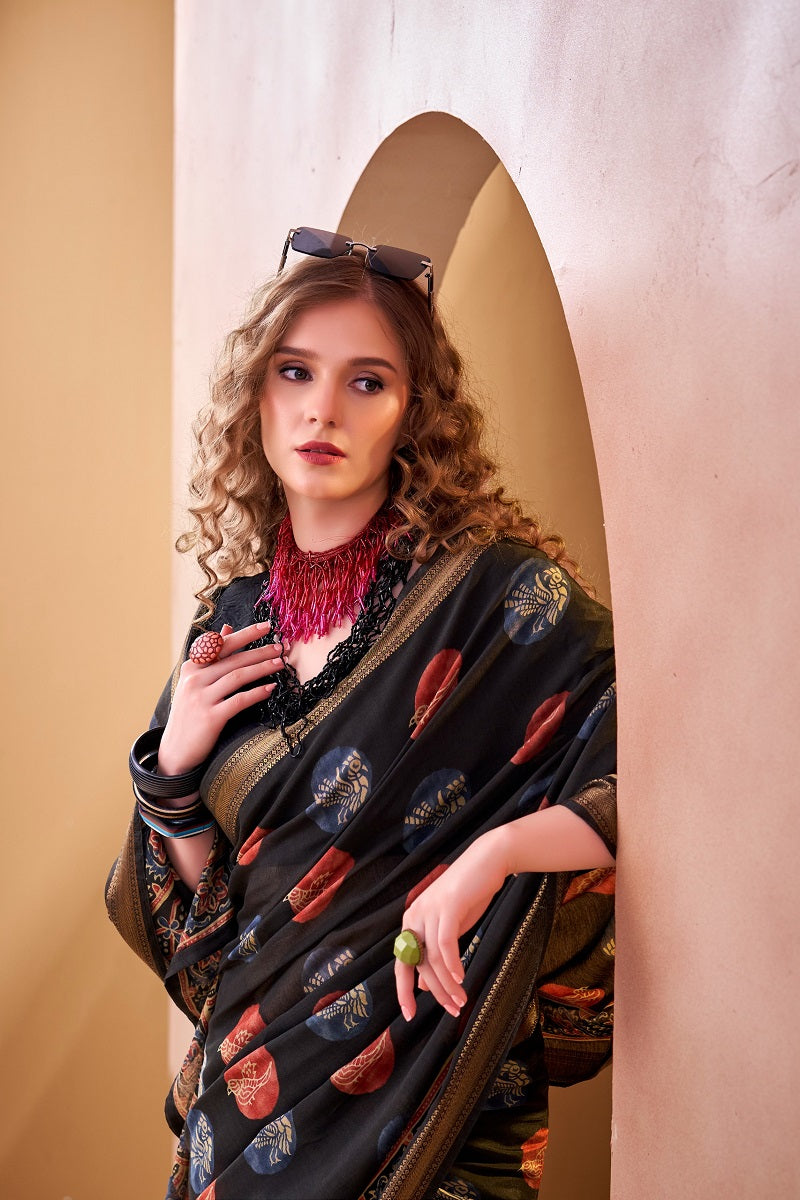 Black P.V Chanderi Printed Casual Saree With Unstitched Blouse