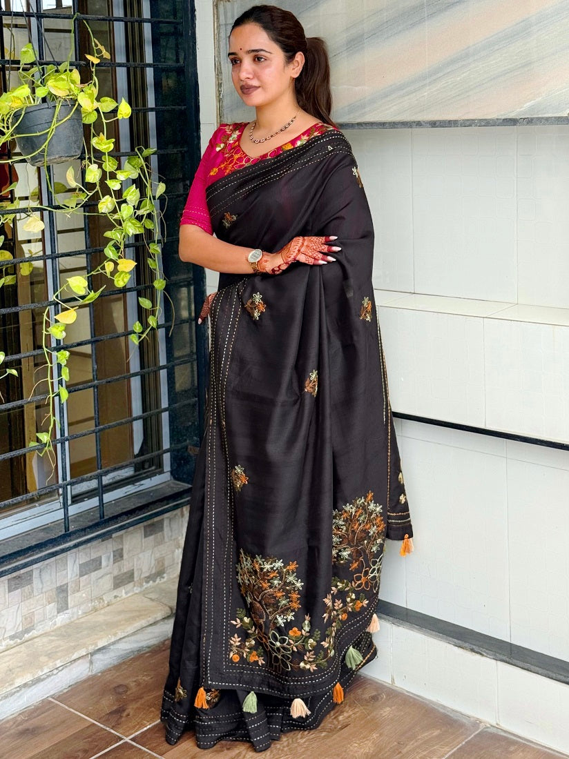 Black Kashmiri Style Thread Embroidered Work Saree With Unstitched Blouse