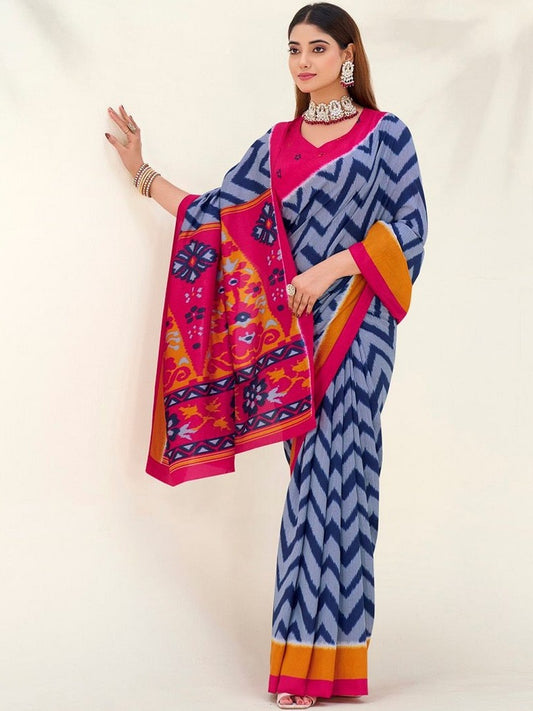 Blue tassar Silk Leheriya Printed Saree With Unstitched Blouse