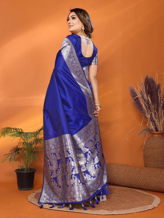 Blue Banarasi Silk Saree With Weaving Work