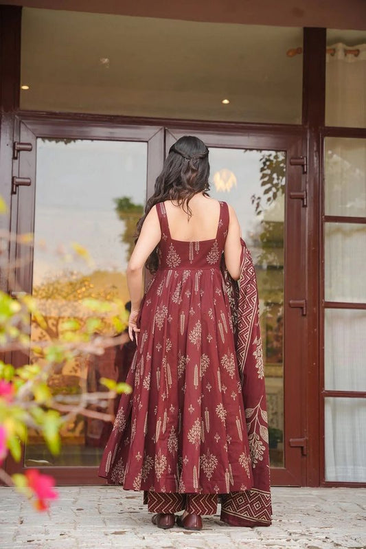 Brown Color Muslin Fabric Designer Printed Readymade Ceremonial Palazzo Dress