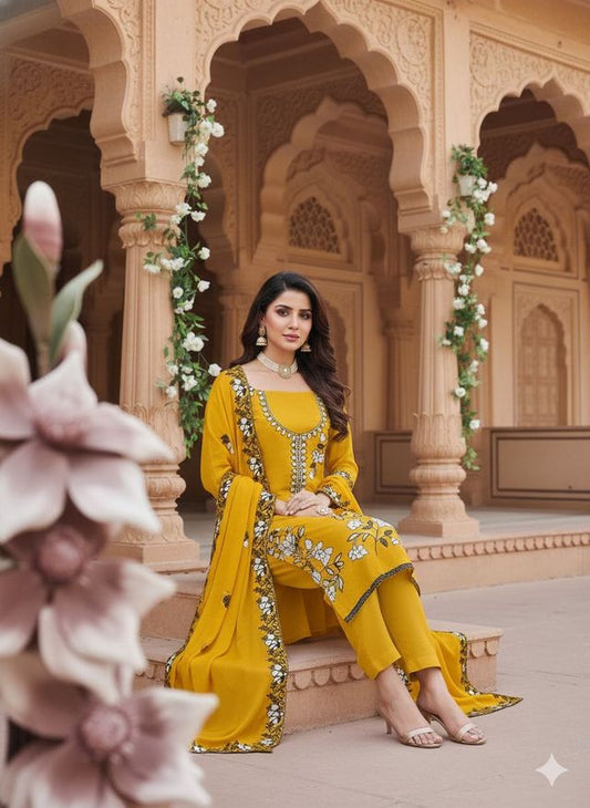 Yellow Color Star Georgette Fabric Beautiful Embroidered Salwar Kameez