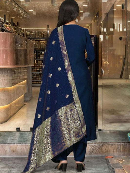 Navy Blue Color Designer Embroidered Ethnic Partywear Suit