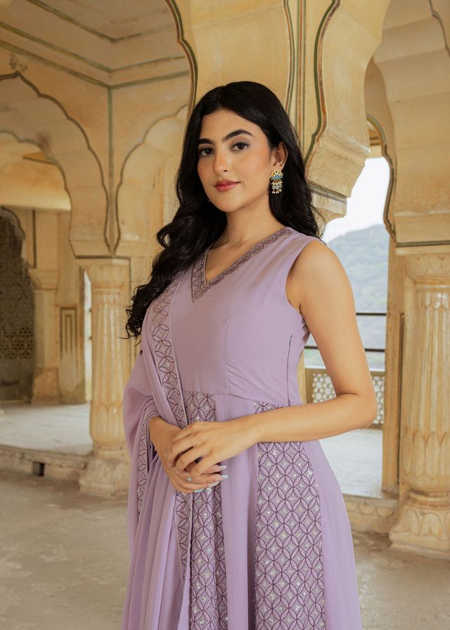 Lilac Color Georgette Fabric Designer Embroidered Partywear Gown For Girlie Looks