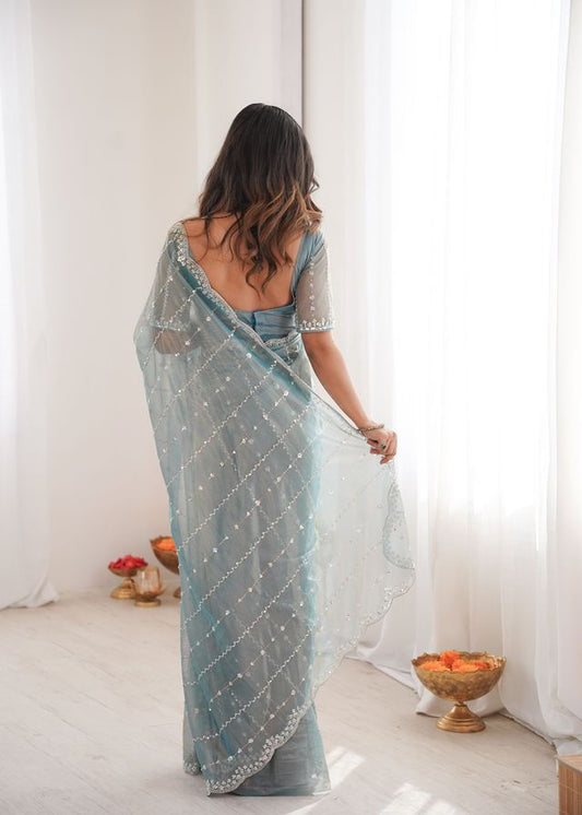 Sky Blue Color Twill Net Fabric Ethnic And Girlie Ceremonial Saree For Girls
