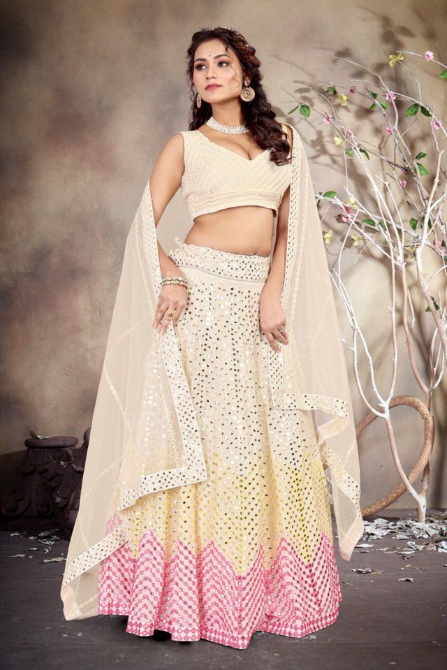 Turquoise Designer Lehenga with Dupatta – Indian Ethnic Wear HKV-003170 CREAM