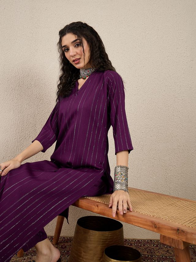 Purple Color Cotton Silk Blend Beautiful Stylish Tendy Top Bottom Set