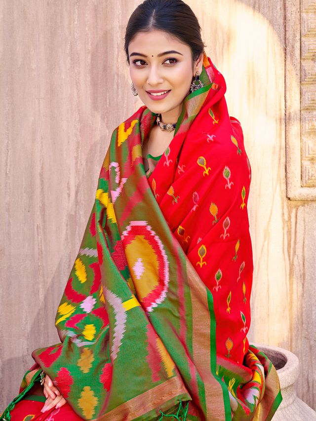 Red Color Pochampalli Silk Fabric Designer Woven Ethnic Ceremonial Saree