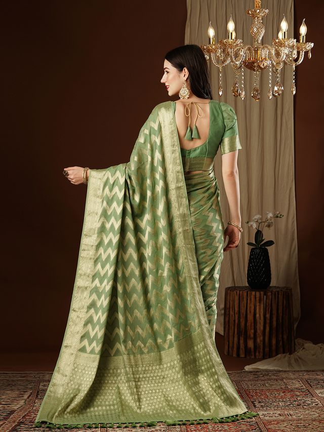 Pista Color Beautiful Woven Ethnic Georgette Fabric Ceremonial Saree