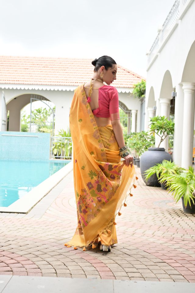 Orange Color Chanderi Cotton Fabric Weaving Reshan Flower Designer Ethnic Saree