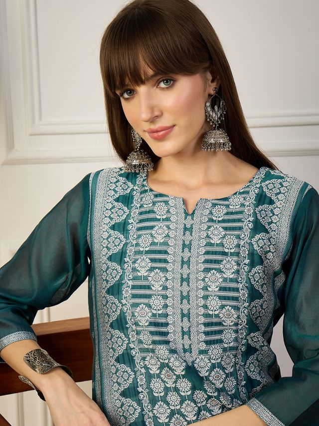 Teal Color Cotton Silk Fabric Woven Designer Ethnic Formal Kurta
