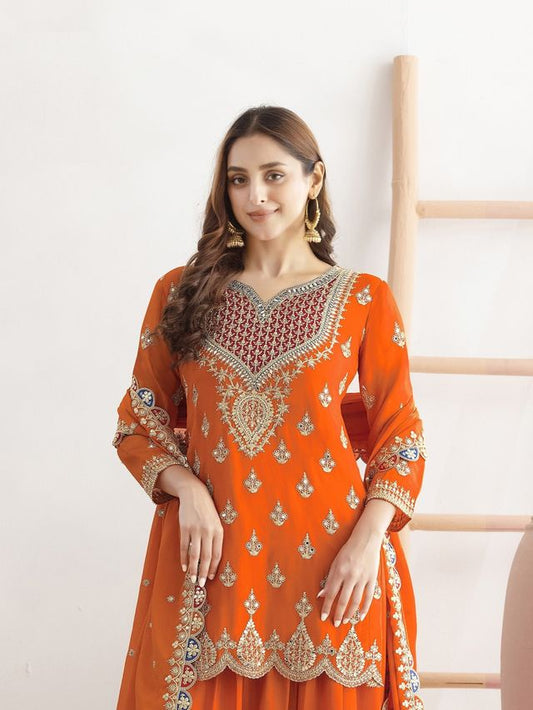 Orange Color Chinon Fabric Designer Embroidered Graceful Palazzo Dress