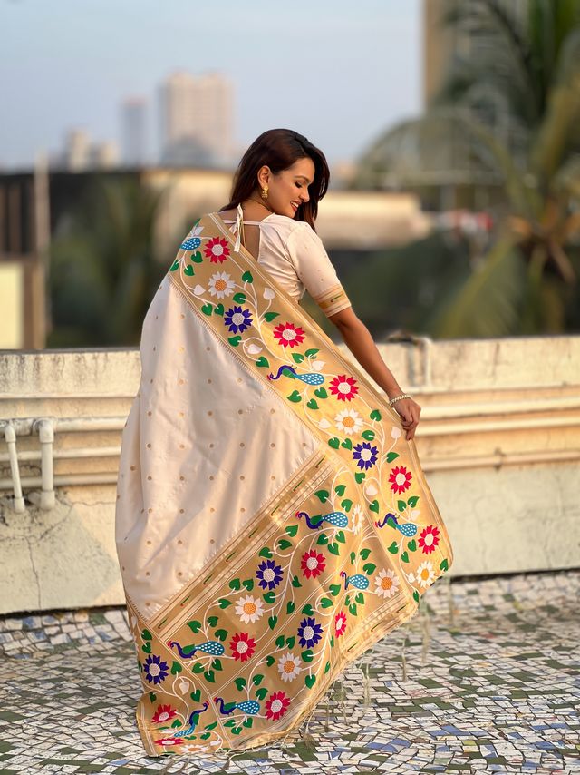 Cream Color Paithani Silk Fabric Woven Designer Partywear Saree
