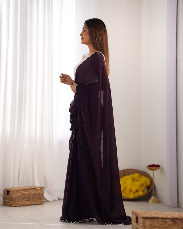 Purple Color Beautiful Bollywood Style Ceremonial Saree With Beeds Work Blouse