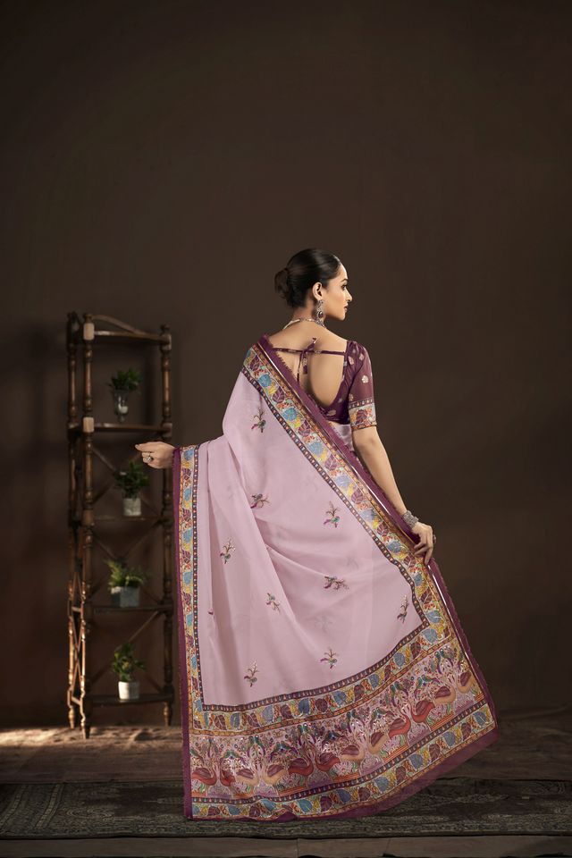 Pink Color Crepe Silk Fabric Designer Foil Printed Saree