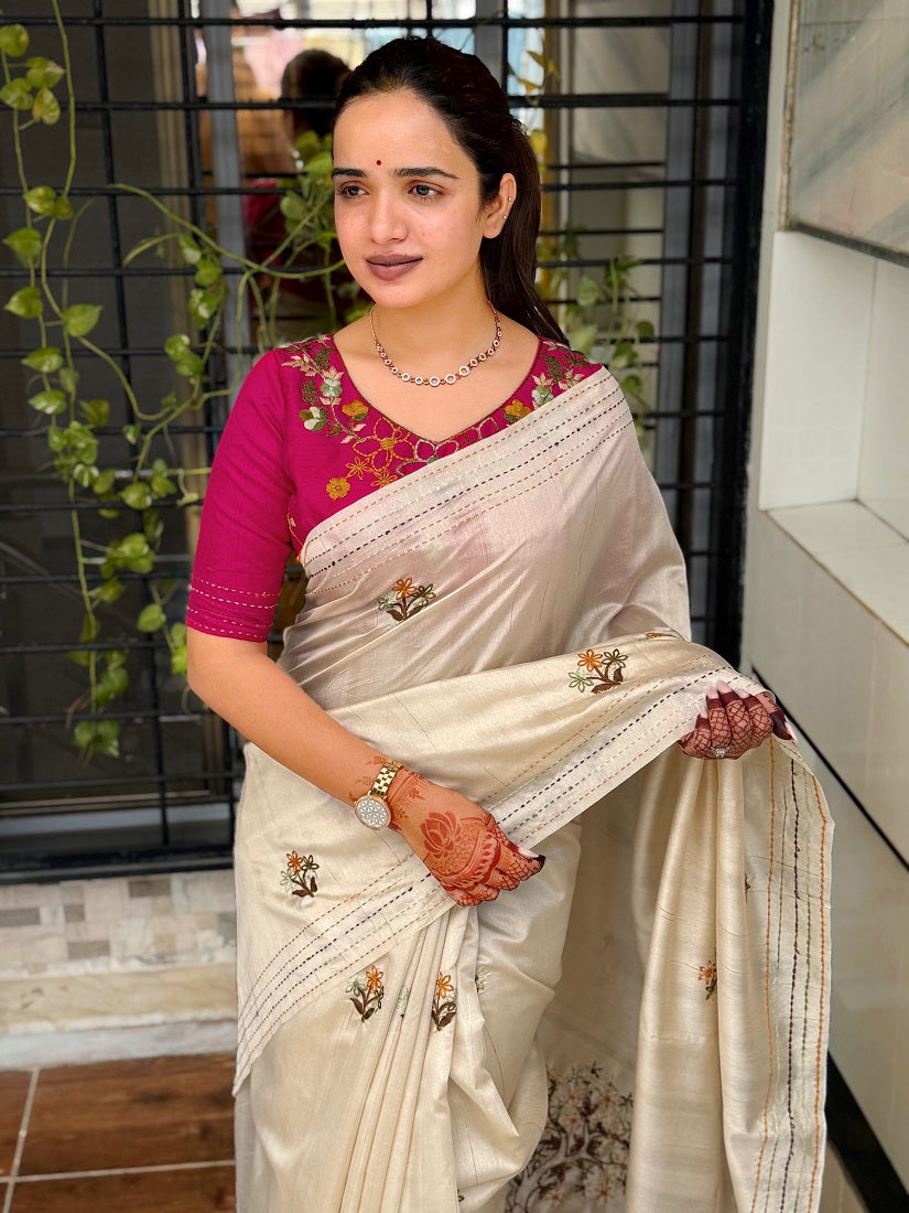 Cream Kashmiri Style Thread Embroidered Work Saree With Unstitched Blouse