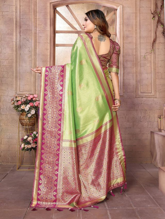 Pista Color Banarasi Tissue Silk Ethnic Jacquard Weving Designer Ceremonial Saree