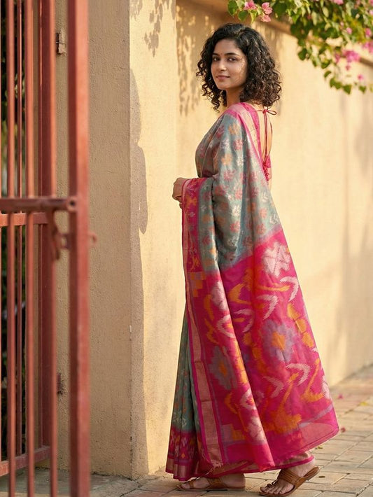Grey Color Pochampalli Silk Saree With Graceful Woven Designer Looks