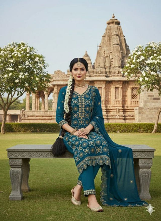 Teal Color Georgette Fabric Beautiful Embroidered Salwar Kameez