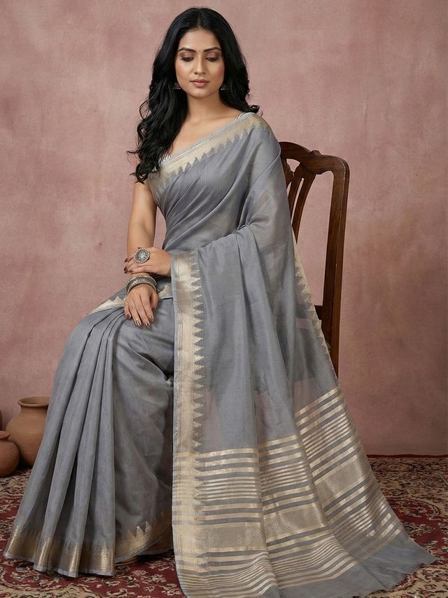Grey Color Blended Cotton Woven Designer Ceremonial Sober Looks Saree