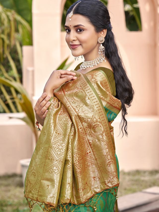 Rama Green Color Pochampalli Silk Fabric Woven designer Ethnic Partywear Saree