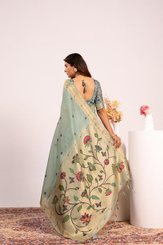 Firozi Color Muga Cotton Fabric Paithani Weaving Designer Partywear Saree